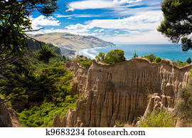 The Cathedrals eroded clay cliff of Gore Bay, NZ