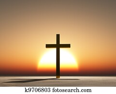 pôr do sol, ou, amanhecer, com, crucifixos