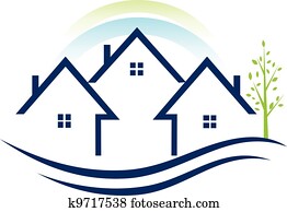 casas, apartamentos, com, árvore, logotipo