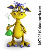 Cute cartoon monster doing an experiment.