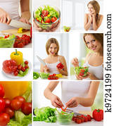 collage., sunn mat, ferske grønnsaker, vegetarian, meny