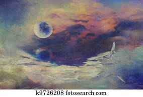 Digital drawing of a science fiction landscape with a moon