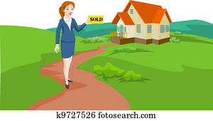Woman Real Estate Agent Selling a House, illustration