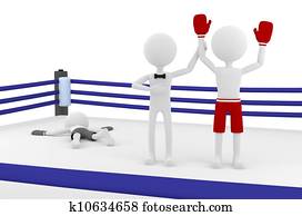 3d boxer person winning a match in a boxing ring with a referee lifting his hand. Winner and Loser. 3d image render. 3d boxer person winning a match in a boxing ring with a referee lifting his hand. Winner and Loser. 3d image render.
