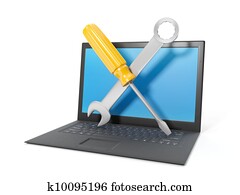 3d, illustration:, מחשב, repair,, מחשב נייד, שחור, ב, a, לבן, רקע., tehpod