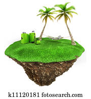 3d man relaxing on a little piece of land with fresh green grass on white background