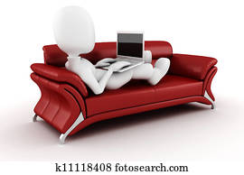 3d man with laptop sitting on a red sofa 3d man with laptop sitting on a red sofa