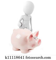 3d, mann, und, rosafarbene piggy bank