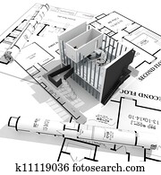 3d, modernos, casa, e, desenhos técnicos, isolado, branco