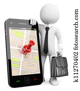 3d, negócio, branca, pessoas., telefone móvel, com, gps 3d, negócio, branca, pessoas., telefone móvel, com, gps