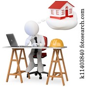 3d white business person dreaming in his office with his new home with a computer on the table. 3d image. Isolated white background. 3d white business person dreaming in his office with his new home with a computer on the table. 3d image. Isolated white background.