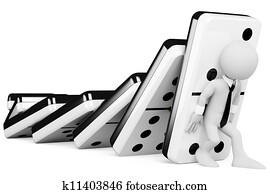 3d white business person trying to stop the chain falling dominoes. 3d image. Isolated white background. 3d white business person trying to stop the chain falling dominoes. 3d image. Isolated white background.