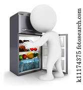 3d white people opens a fridge door 3d white people opens a fridge door