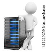 3D white people. System administrator with a server 3D white people. System administrator with a server