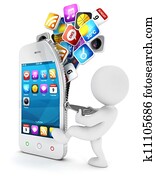 3d, לבן, אנשים, פותח, a, smartphone