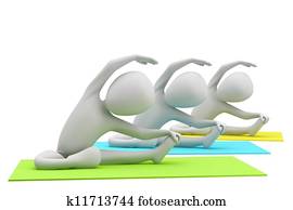 3d, קבוצה של אנשים, לעשות, יוגה, exercises., 3d, image., ב, a, לבן, רקע.