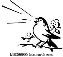 A black and white version of a bird sitting on a tree branch singing A black and white version of a bird sitting on a tree branch singing
