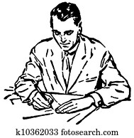A black and white version of a man writing at a desk A black and white version of a man writing at a desk