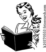 A black and white version of a mother reading to her child