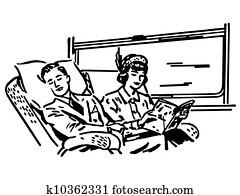 A black and white version of a vintage illustration of people on a train