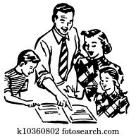 A black and white version of a vintage illustration of a family working together A black and white version of a vintage illustration of a family working together