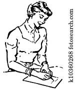 A black and white version of a vintage style portrait of a woman writing a note A black and white version of a vintage style portrait of a woman writing a note