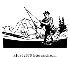 A black and white version of a vintage image of a man fishing A black and white version of a vintage image of a man fishing