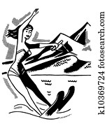 A black and white version of a vintage image of a woman water skiing A black and white version of a vintage image of a woman water skiing