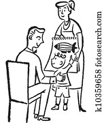 A black and white version of a young child showing his father a drawing