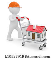 a, blanc, homme, dans, a, casque, et, a, maison, sur, les, chariot