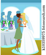 A bride hugging her friend at her wedding, full-length A bride hugging her friend at her wedding, full-length
