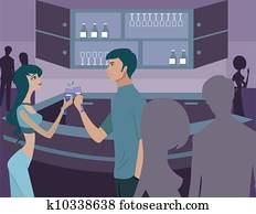 A couple clinking their glasses at a bar