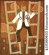 A doctor climbing up between two ladders