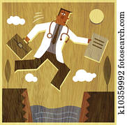 A doctor holding a briefcase and files jumping across a canyon A doctor holding a briefcase and files jumping across a canyon