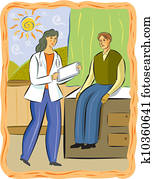 A female doctor talking to a male patient