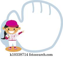 A girl pointing to a baseball mitt