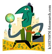 A man balancing a globe and running on a road made of money