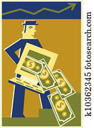 A man hold a computer screen with money coming out of it