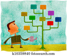 A man watering a tree with multicolor windows for leaves A man watering a tree with multicolor windows for leaves