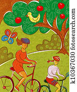 A mother and daughter riding bikes in the park