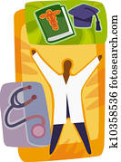 A picture of a medical student with his textbook, stethoscope and a mortarboard