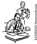a, schwarz weiß, version, von, a, geschäftsmann, arbeiten, seine, buero, mit, seine, sekretärin, stehen, ihm