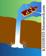 A small row boat going over a waterfall A small row boat going over a waterfall
