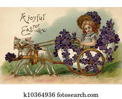 A vintage Easter postcard of a girl riding in a wagon full of violets being pulled by two lamb A vintage Easter postcard of a girl riding in a wagon full of violets being pulled by two lamb