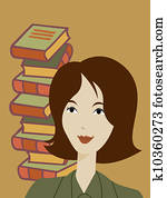 a, woman, lächelt, vor, a, haufen bücher