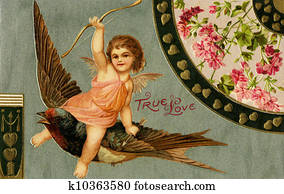 a, בציר, אהבה אמתית, ולנטיין, עם, קופידון, רכוב, a, דרור