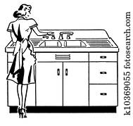 a, לבן שחור, גירסה, של, a, בציר, דוגמה, של, a, אישה, לרחוץ צלחות