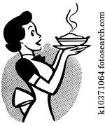 a, לבן שחור, גירסה, של, a, בציר, ציור היתולי, של, a, אישה מחזיקה, a, חם, עוגה