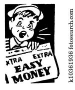 a, לבן שחור, גירסה, של, a, צעיר, בחור של עיתון, להחזיק עיתון, זה, קורא, כסף קל