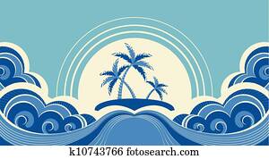 Abstract sea waves. Vector illustration of tropical palms on island Abstract sea waves. Vector illustration of tropical palms on island